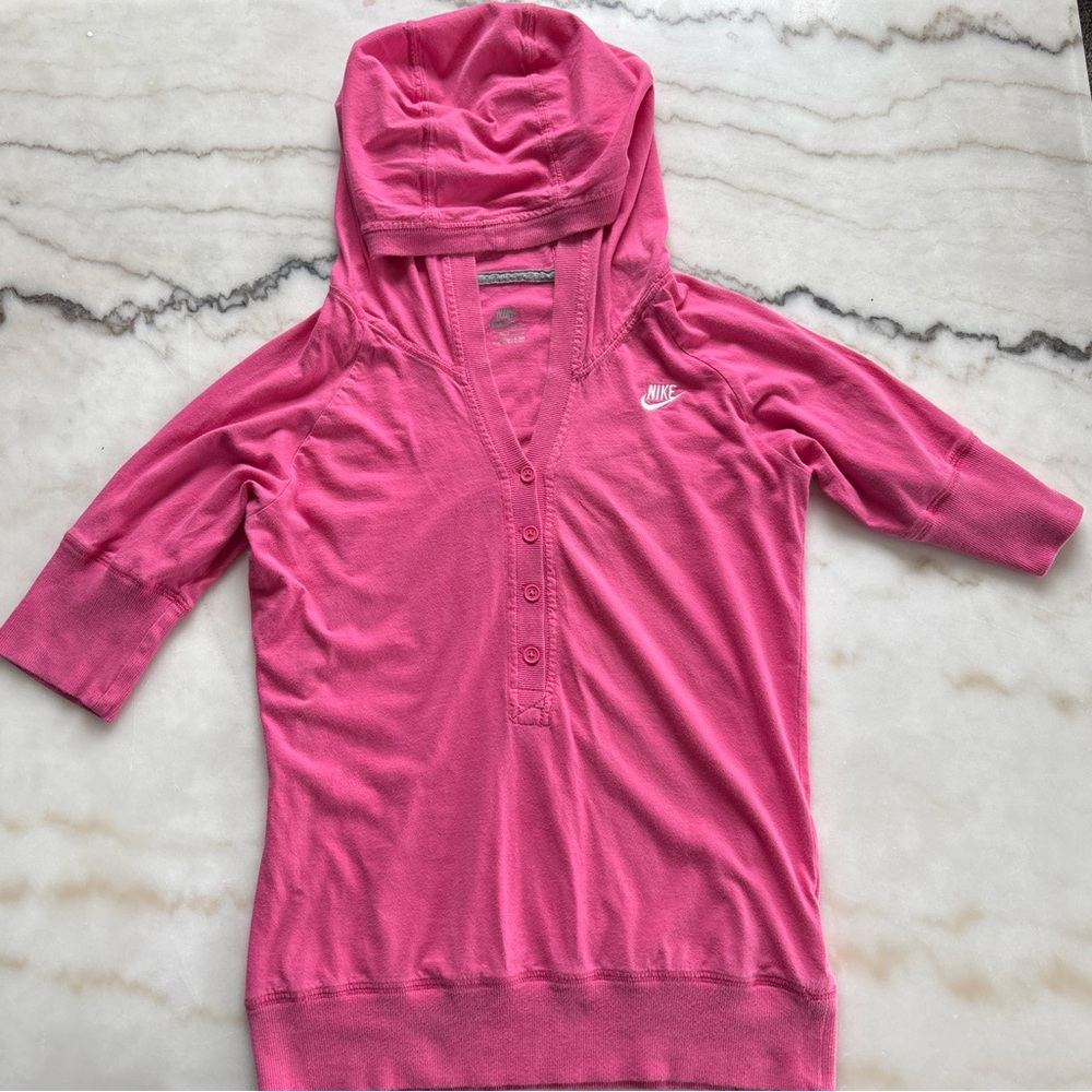 Vintage Y2K Nike Henley Hoodie Pink Short Sleeve Sweatshirt Top Womens Small